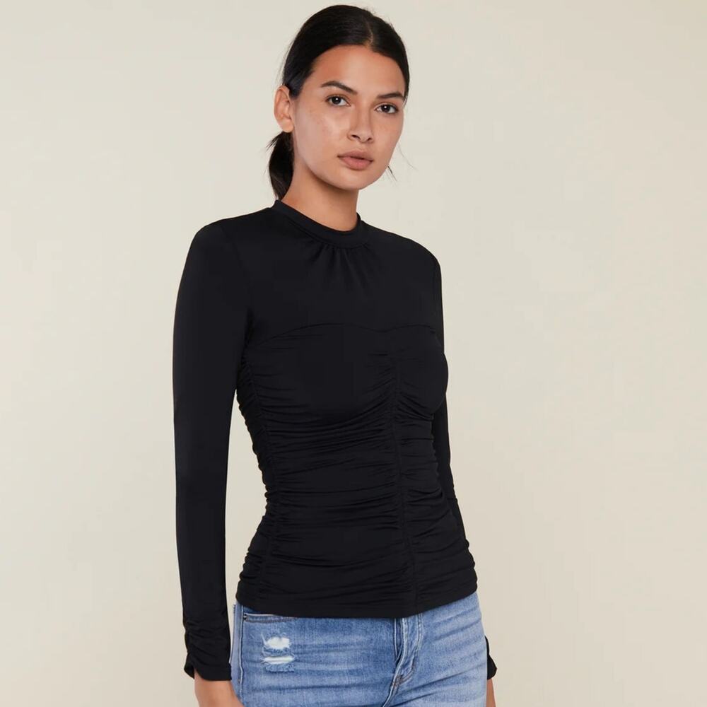RACHEL PARCELL Top Size Large Ruched Fitted Mockneck Long Sleeve Black Spandex